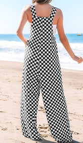 Black Checkered Print Pocketed Wide Leg Jumpsuit